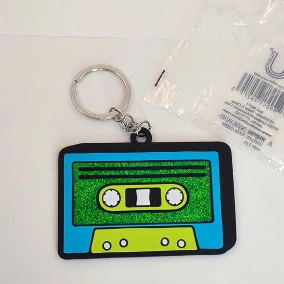 Retro Cassette Tape Key Chain Green Blue Black Glitter Soft Plastic 80s - Picture 1 of 6